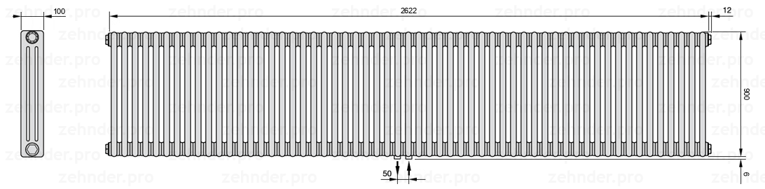 Схема (чертеж) Радиатор Zehnder Charleston 3090/57 №5410 Белый глянцевый RAL 9016